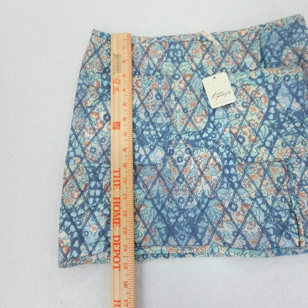 Free People Mini Skirt Womens 8 Blue Husky Floral Quilted Patch Pockets